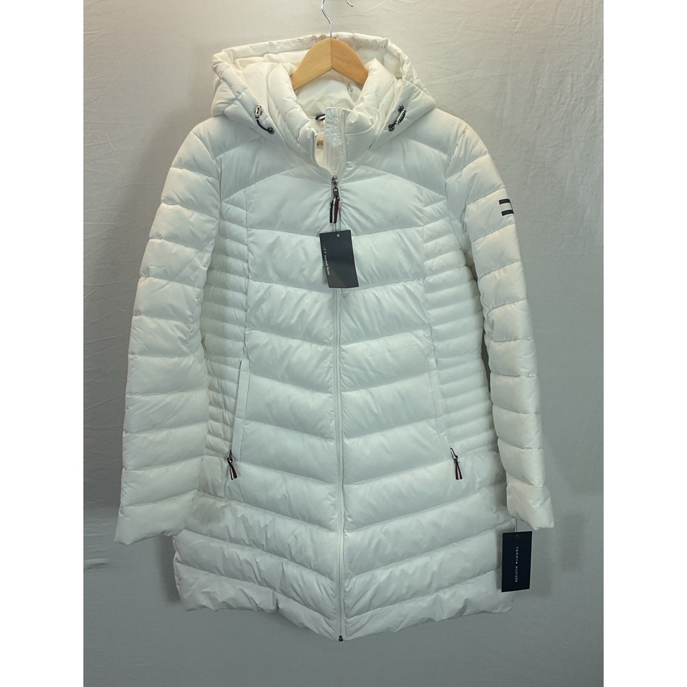 Tommy Hilfiger Women's L White‎ TH Flex Puffer Coat Full Zip Hooded Ski Snow